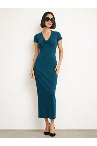 Sassafras By Styli Teal Rib Front Twisted Midi Dress