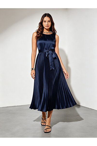 Take Two By Styli Navy Blue Satin Pleated Midi Dress with Tie-Belt