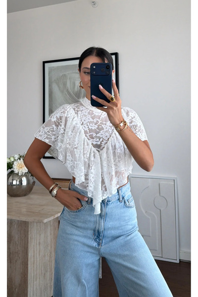 My Blog White Ruffle Detailed Lace Crop Blouse - 1120