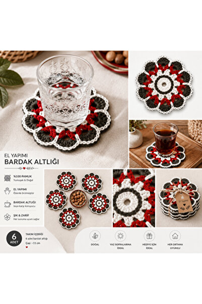 Zeyn Art El Yapımı Örgü Bardak Altlığı 6'lı Set %100 Pamuk Dekoratif Bohem Ka...