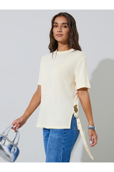 Styli Beige Plain Adjustable Side Buckle Detail T-shirt
