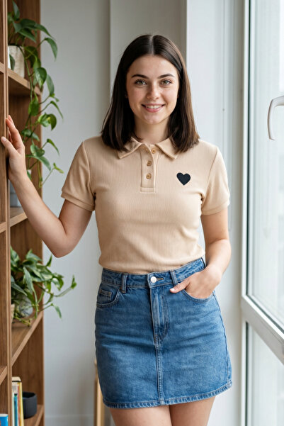 OEM Tricou polo casual de damă cu imprimeu inimă și mâneci scurte, A-28, bej, M