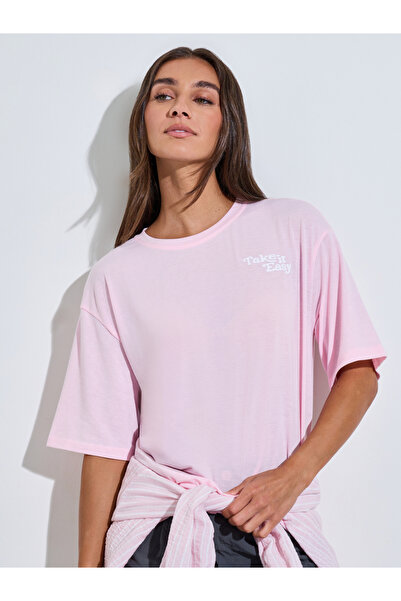 Styli Pink Slogan Print Short Sleeves Oversized T-Shirt