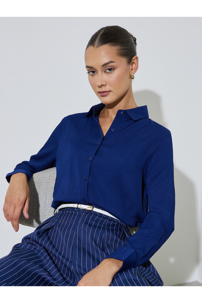 Styli Navy Blue Textured Long Sleeve Button-Up Shirt