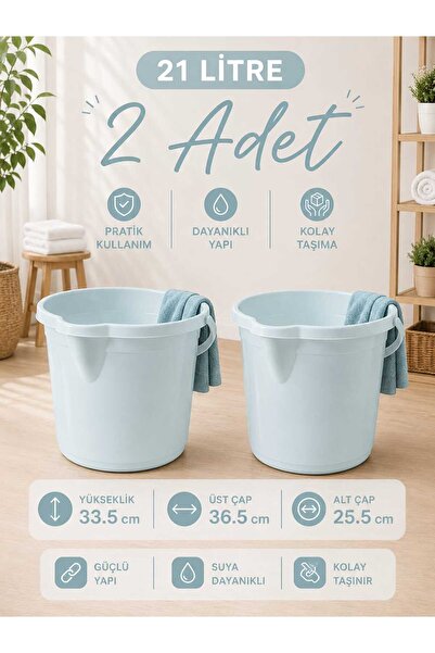 zemihra Kapaksız Su Kovası 21 Litre Buz Mavisi Temizlik Kovası 2'li Set Kapak...