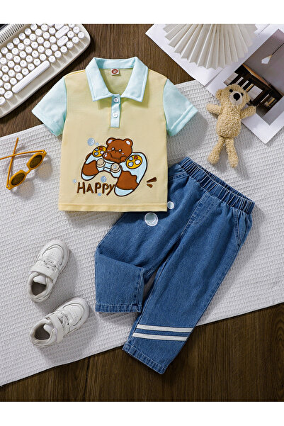 Take Two By Styli طقم تي شيرت بولو مطبوع عليه دب للأولاد مع بنطلون جينز