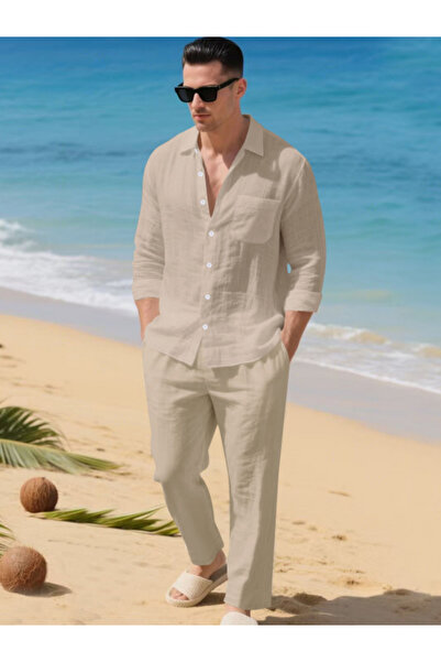 Take Two By Styli Men Linen Lapel Long Sleeve Shirt and Pants Set