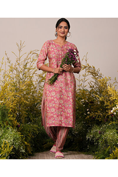 Libas By Styli Peach Printed Silk Blend Straight Kurta and Salwar Set