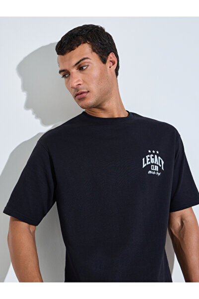 Styli Men Black Oversized Typographic Print Terry T-Shirt