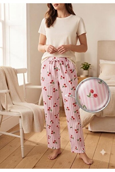 Serena Pantaloni de pijama lungi de dama ALB si ROZ cu dungi