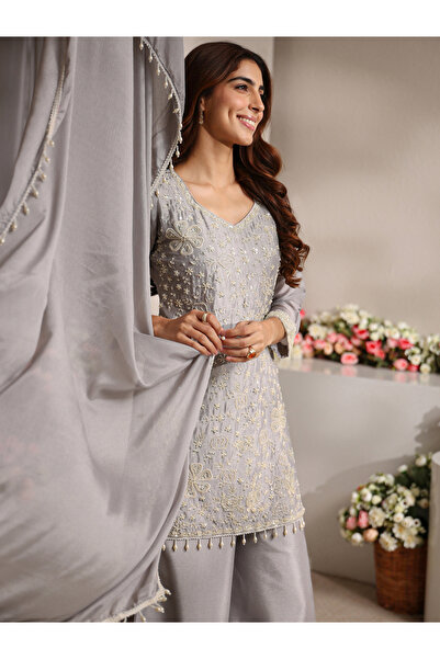 Libas By Styli Grey Embroidered Straight Kurti with Palazzo and Dupatta Set