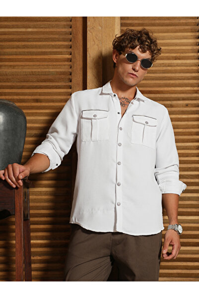 Campus Sutra By Styli Men White Textured-Utility Relaxed Shirt