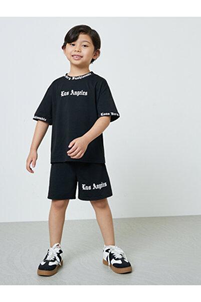 Styli Boys Black Slogan Print T-Shirt and Shorts Set