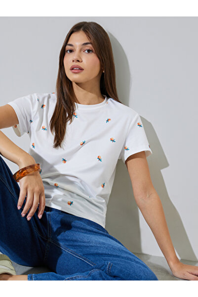 Styli White Regular Fit Peach Print T-Shirt