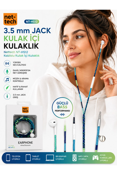 Nettech NT-HS12 3.5 mm Jack Kulak İçi Kulaklık Mikrofonlu Kablolu Stereo Kula...