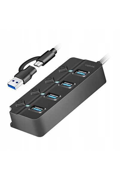 LogiLink Hub USB-C 3.2 Gen1 cu 4 porturi și întrerupătoare, Negru