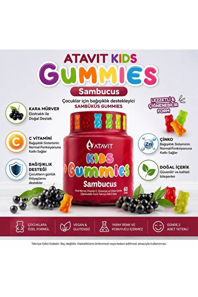 Atavit Kids Gummies Sambucus 60 Gummies | Çocuk Kara Mürver, C Vitamini, D Vi...