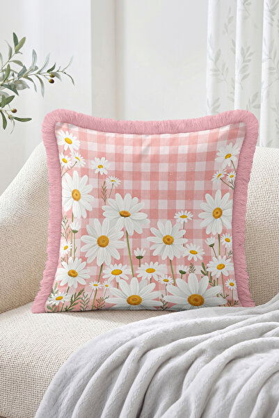 Realhomes Daisy Flower Figured Checkered Patterned Fringed Throw Pillow Cover...
