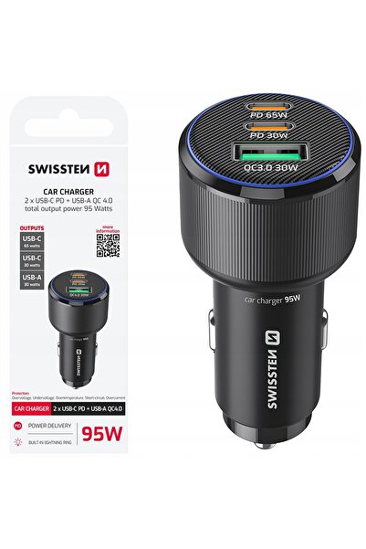 SWISSTEN Încărcător auto 2 x USB-C PD USB-A QC 95W compact
