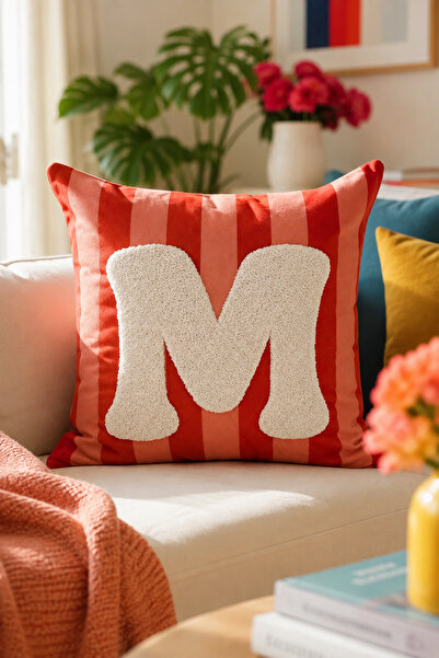 Pilloveland Punch Embroidered Throw Pillow Cover - 43*43 cm - Orange Letter m...