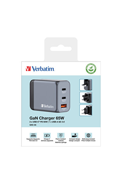 NO BRAND Verbatim Încărcător de rețea GaN 65 W, 2xUSB-C/USB-A + adaptor EU/UK...