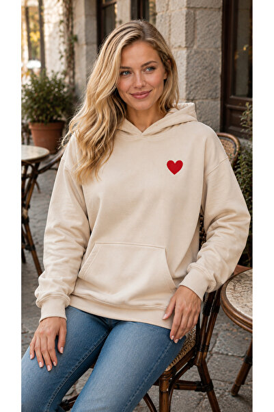 caddekombin Women's Small Red Heart Printed Hooded Sweatshirt with Kangaroo P...
