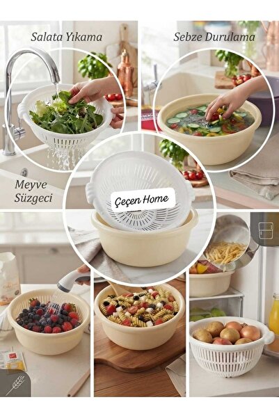 ÇEÇEN HOME 33 cm Wide Multi-Purpose Colander Bowl - Double Layer Perforated V...
