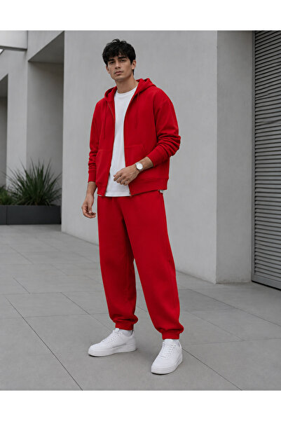 BayBayan Men's 3-Yarn Oversize Hooded Zipper Sweatshirt Cardigan Track Suit Set