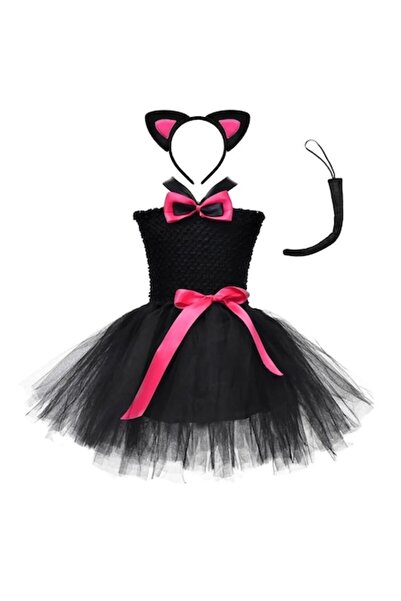 OEM Costum de pisică pentru fete, cu coadă, bentiță, fundă, negru, 7-8 ani, 1...