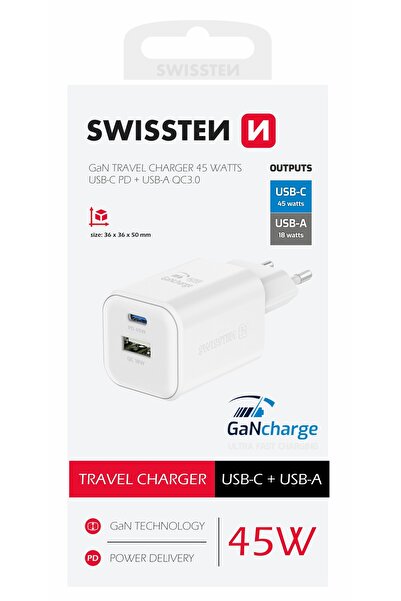 NO BRAND Încărcător rapid adaptor USB-C 45W PD+ USB-A 18W QC GaN SWISSTEN