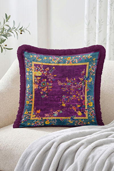 Realhomes Fringed Throw Pillow Cover with Floral and Bird Detail Frame Patter...