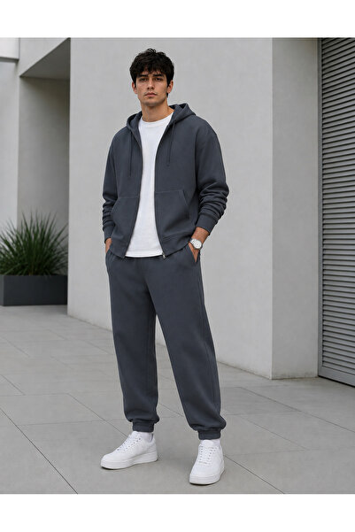 BayBayan Men's 3-Yarn Oversize Hooded Zipper Sweatshirt Cardigan Track Suit Set