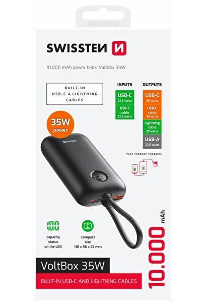 SWISSTEN Powerbank 10000 mAh VOLTBOX USB-C USB-A 35W Cablu USB-C Lightning