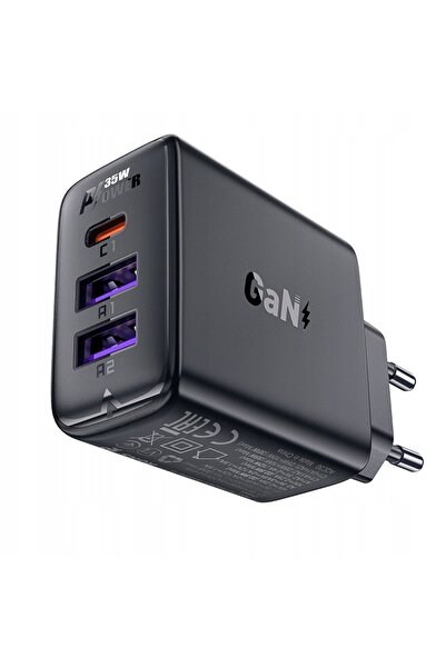 NO BRAND Încărcător de rețea PD 35W GaN cu 3 porturi: 2x USB-A + USB-C, negru
