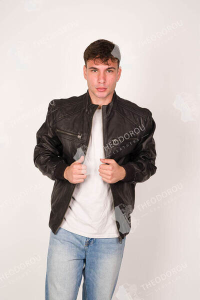 THEODOROU LEATHERS ΜΑΥΡΟ ΑΝΔΡΙΚΟ ΔΕΡΜΑΤΙΝΟ BOMBER ΜΠΟΥΦΑΝ TLM0122
