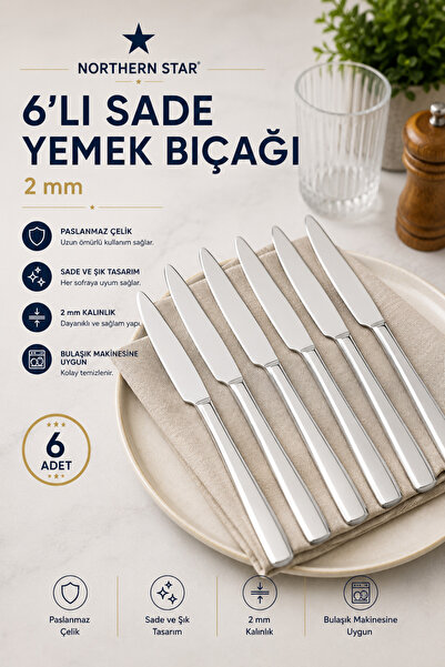 Northern Star 6'lı Lüks Sade Yemek Bıçağı 2 mm