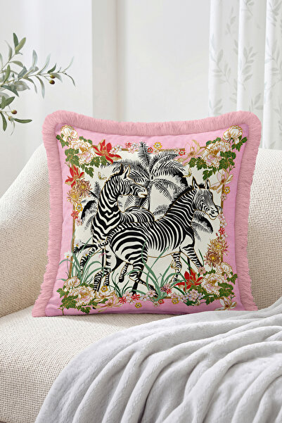 Realhomes Zebra Figured Tropical Leaf and Floral Patterned Fringed Throw Pill...