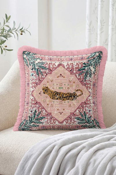 Realhomes Tiger Figured Ethnic Kilim Motif and Leaf Detail Fringed-Tasseled Throw Pillow Cover Retro Decorative Pillowcase