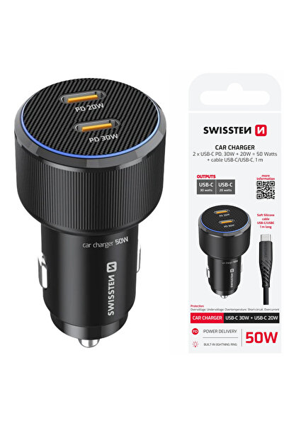 SWISSTEN Încărcător auto 2x USB-C PD 50 W + cablu USB-C 1m