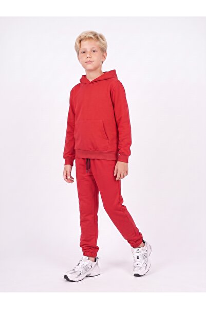 FYK KİDS Boys' Plain Hooded Tracksuit Set with Kangaroo Pockets