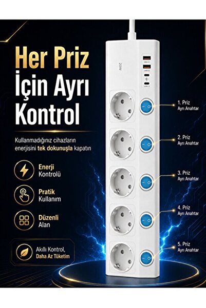 RAYLAX 5'li Akım Korumalı Priz 3680W 16A PD 20W Hızlı Şarjlı 2 USB-A 2 USB-C Anahtarlı Çoklu Uzatma Prizi