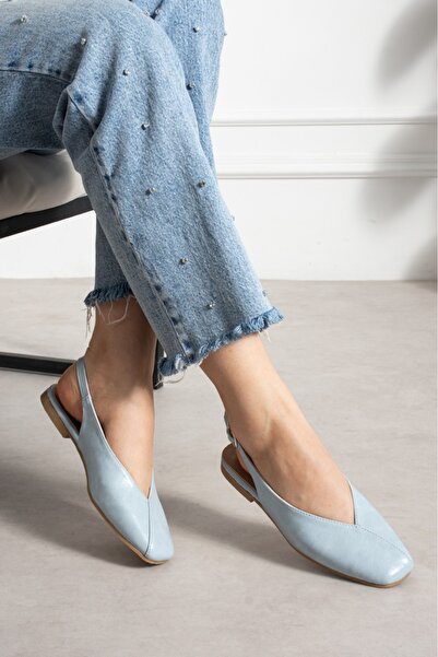 yaren shoes Kadın Babet Bebe Mavisi Kare Burun Arka Açık