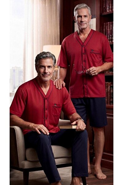 KLY PİJAMA Kly 8031 100% Cotton Buttoned V-Neck Half Sleeve 3-Piece Shorts Pa...