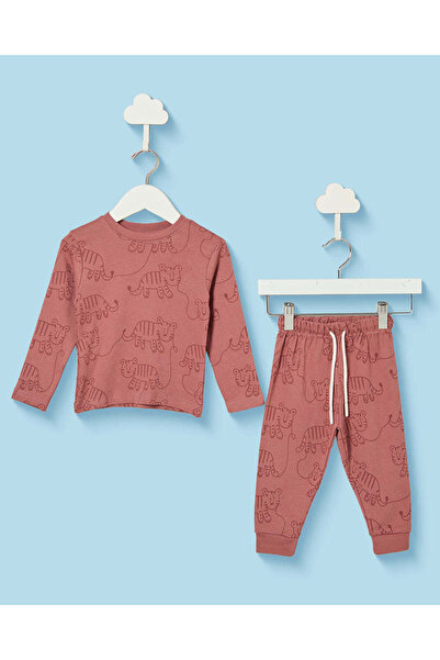 REDTAG Infant Boys Dusty Red Tiger Print 2-Piece Pyjama Set