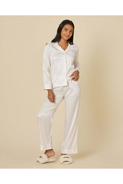 REDTAG Women White Foil Print Twill Satin Pyjama Set