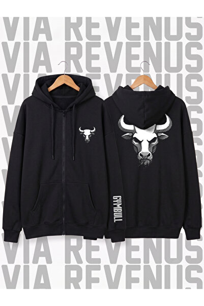 Vordevia Gym Bull Front Back and Sleeve Printed Unisex Zipper Hooded Sweatshi...