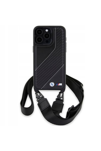 BMW Husă iPhone 15 Pro Max 6.7 " Negru Ediția M cu Dungi de Carbon și Curea