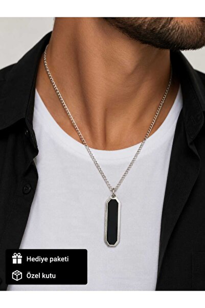 HER ŞEY NOTA www.herseynota.com Silver Color Men's Necklace with Black Geomet...