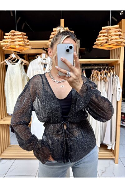 Gözde Tasarım Butik Women's Black Silver Color Silvery Transparent Tied Blouse
