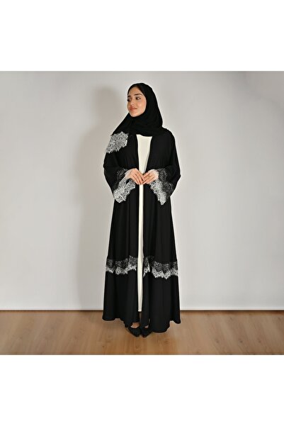 HAWRAA ABAYA عباية لف سوداء بتصميم راقي مرينة بدانتيل اسود وابيض